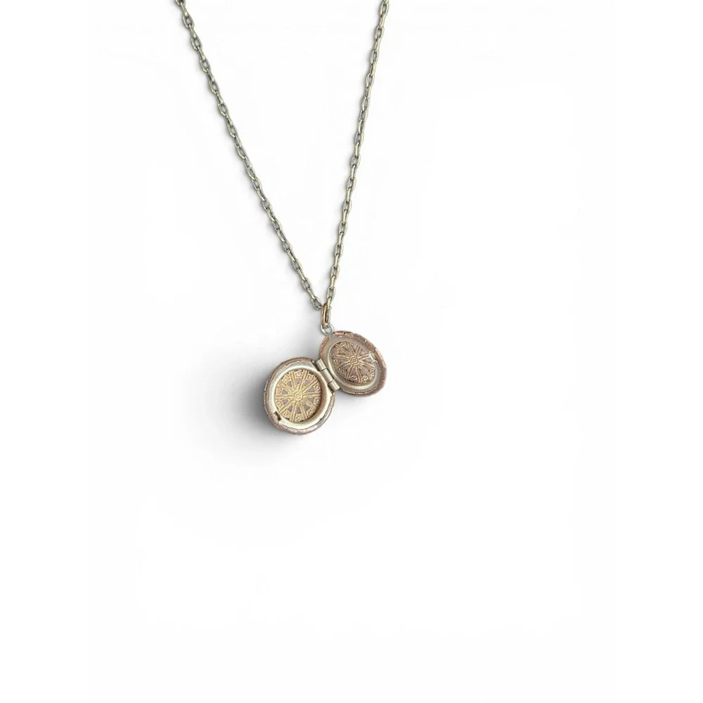Tiny Vintage Locket Pendant Necklace, Gold & Silver Tone Metal Cable Chain - Picture 2 of 4
